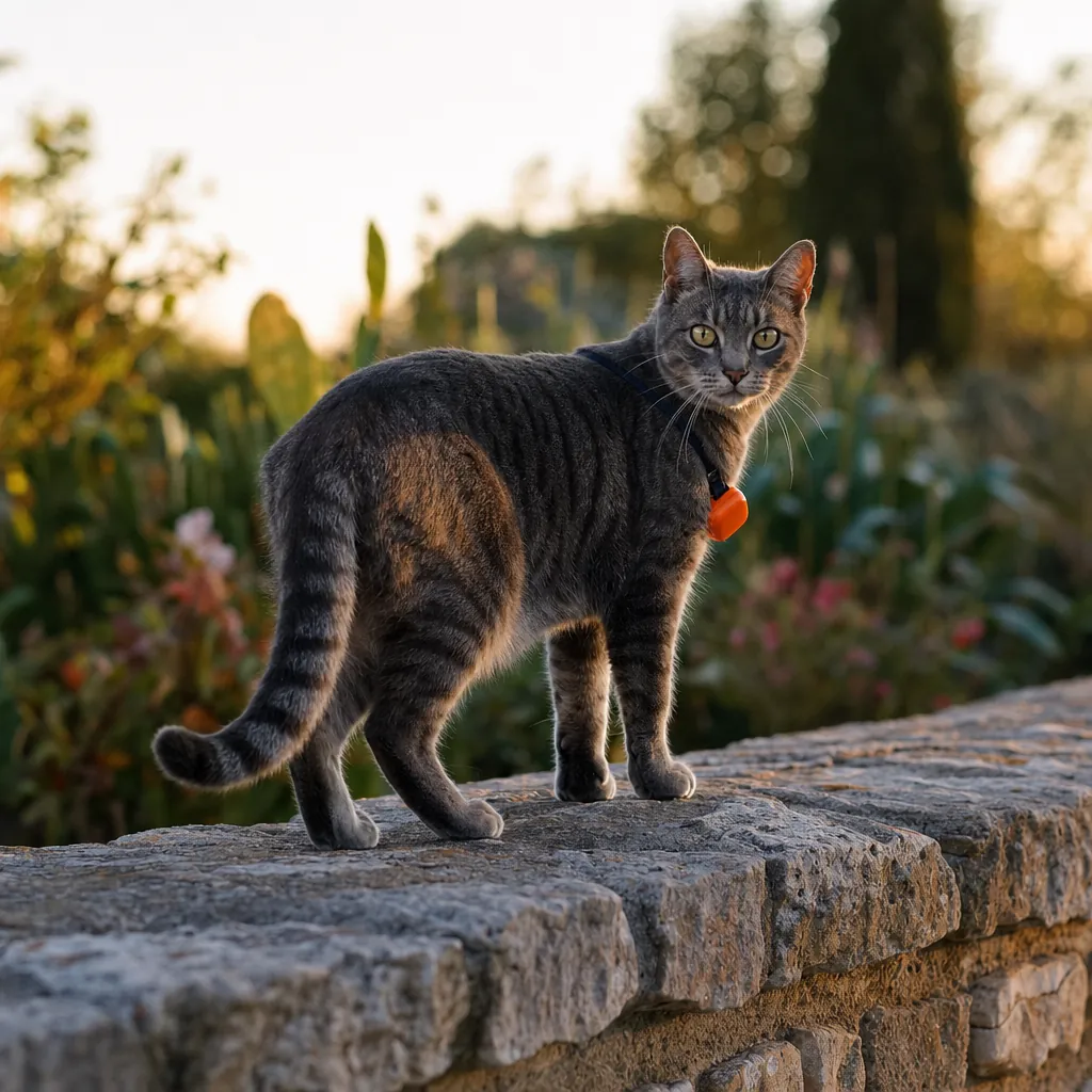 Chat portant son collier avec le boîtier GPS orange Pilou sur un muret