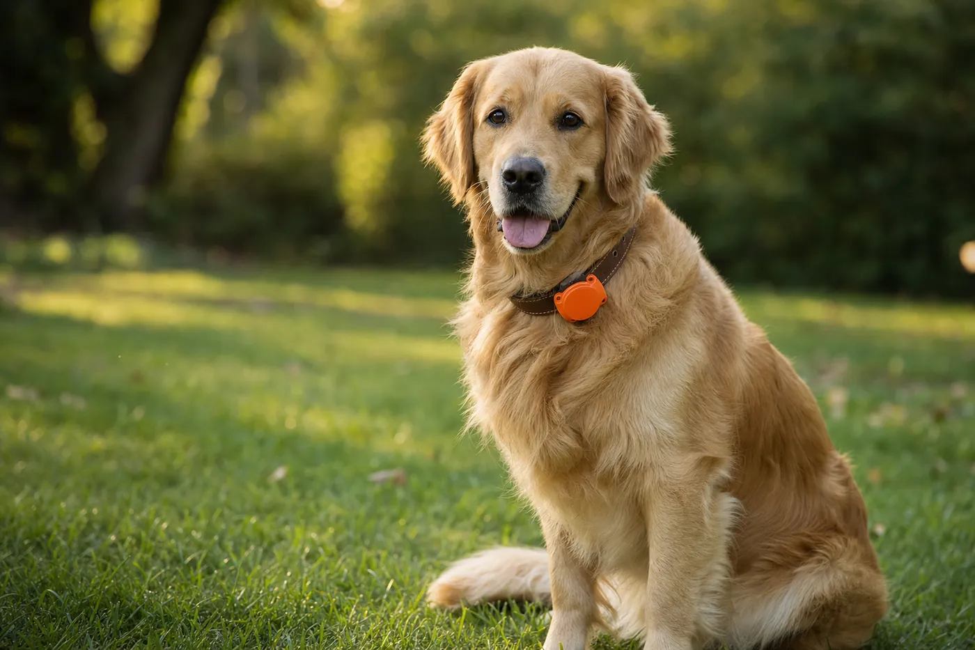 Chien portant son collier en cuir avec le boîtier GPS orange Pilou fixé dessus