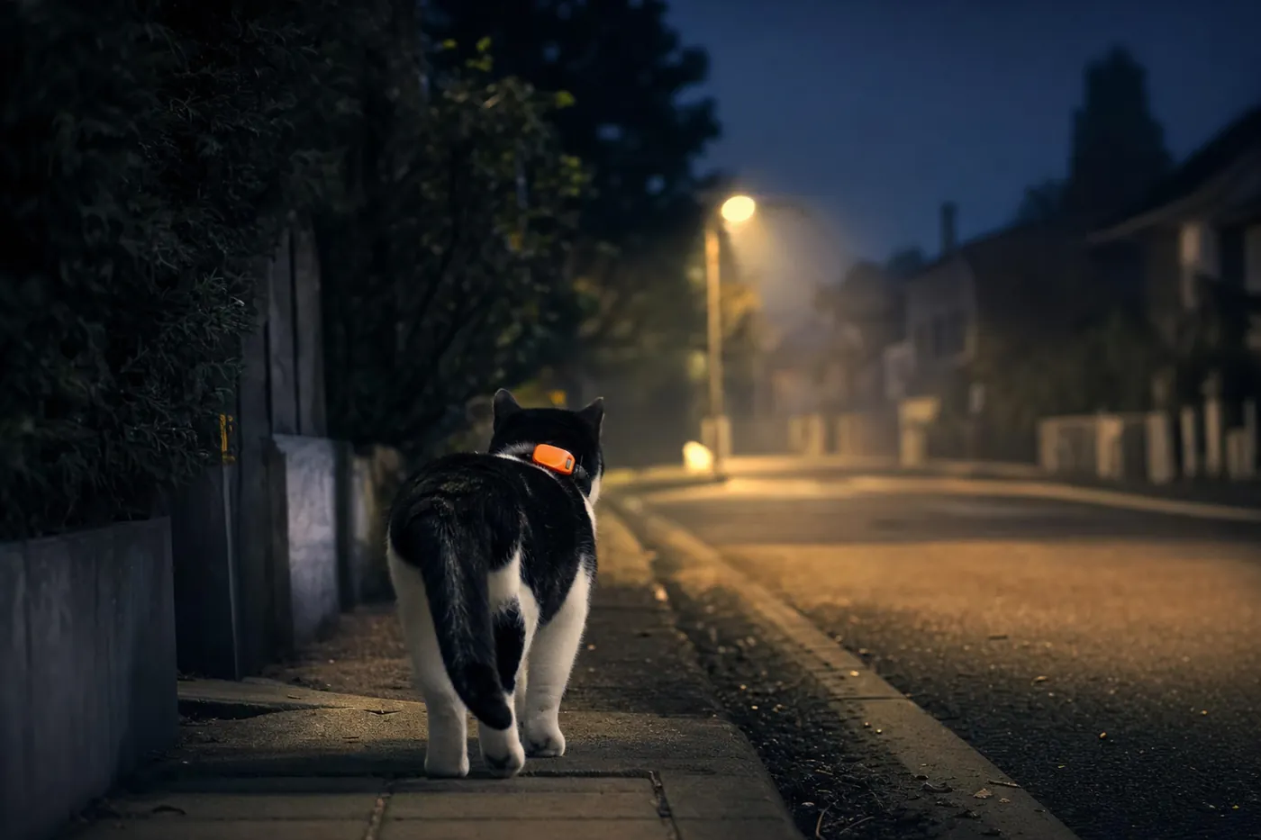 Chat de nuit sous un lampadaire, le boîtier orange visible sur son collier