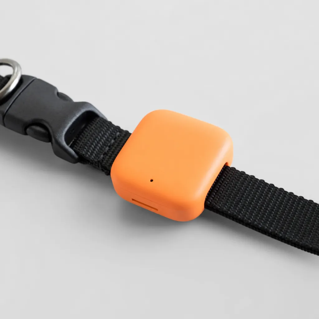 Le boîtier Pilou orange clipsé sur une sangle de collier