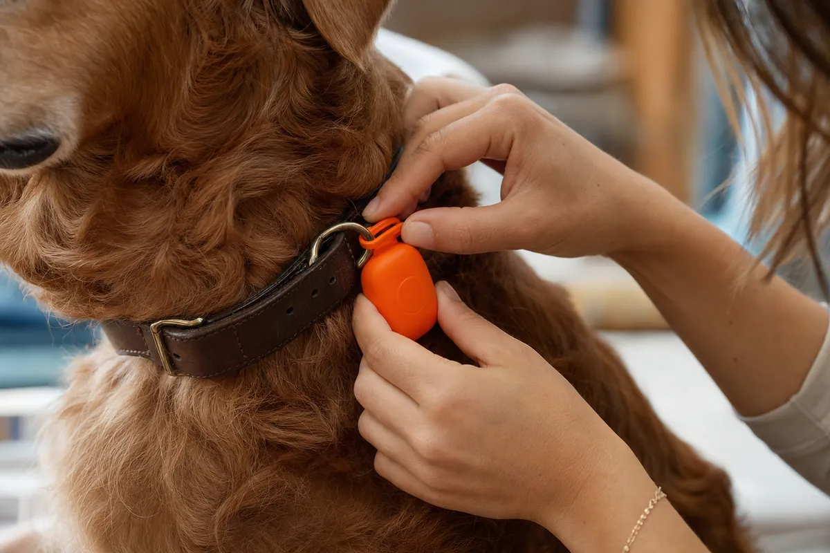 Mains clipsant le boîtier orange Pilou sur le collier d'un chien